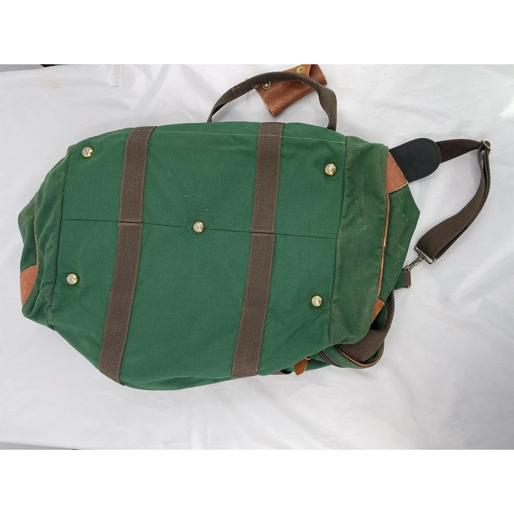 Vintage LL Bean Duffle Bag Green Canvas Leather Trim Weekender
